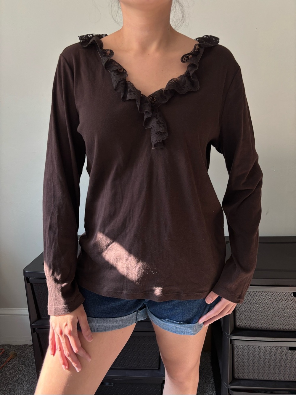 Y2K Brown Ruffle Ralph Lauren Boho Long Sleeve Fall Cottagecore Lace Blouse Larg